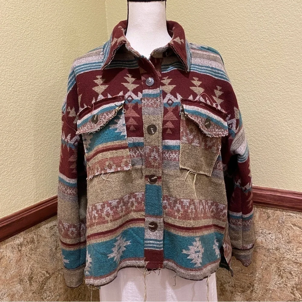 La Miel Size Small Aztec Shacket Western Shirt Jacket Frayed Hems Cowgirl